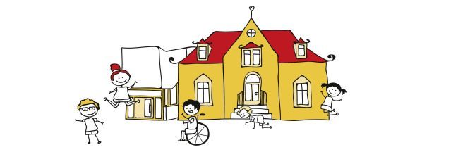 Zu sehen ist eine Illustration der Kindervilla, mit spielenden Kindern als Strichmännchen.
